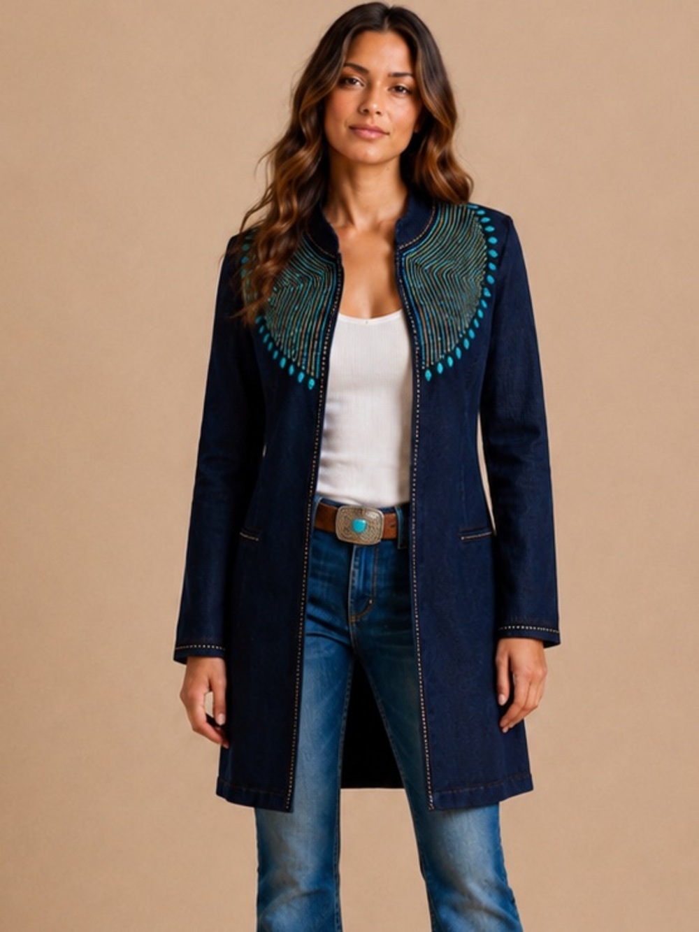 NWT Midnight Velvet Turquoise Beaded Western Duster Jacket Small - Picture 5 of 5